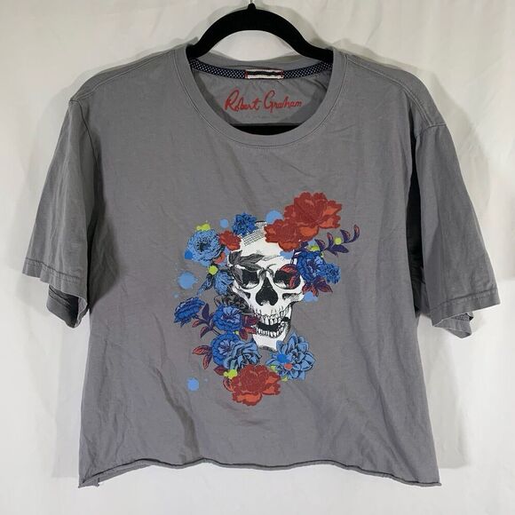 Robert Graham Shirt Womens Large Grey Short Sleeve Skull Print Crew Neck Cropped - Picture 1 of 6